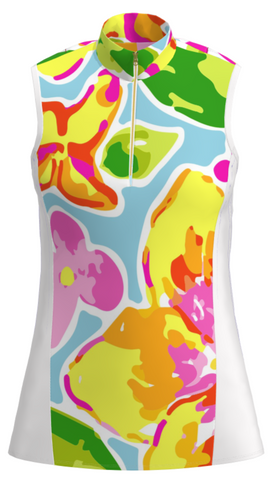 AB SPORT Yellow Flowers Women's Golf Sleeveless Zip Mock Polo Shirt GP03-YWF