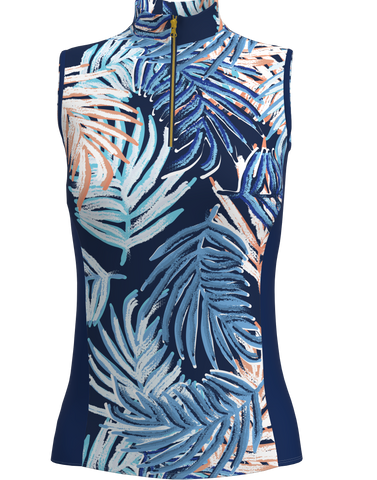 AB SPORT Women's Leaf Print Sleeveless Zip Mock Polo GP03-LEAFNN