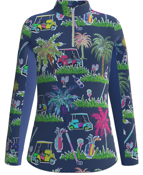 AB Sport Women's Navy Golf Carts Print Long Sleeve Sun Shirt LS01 - GCPN